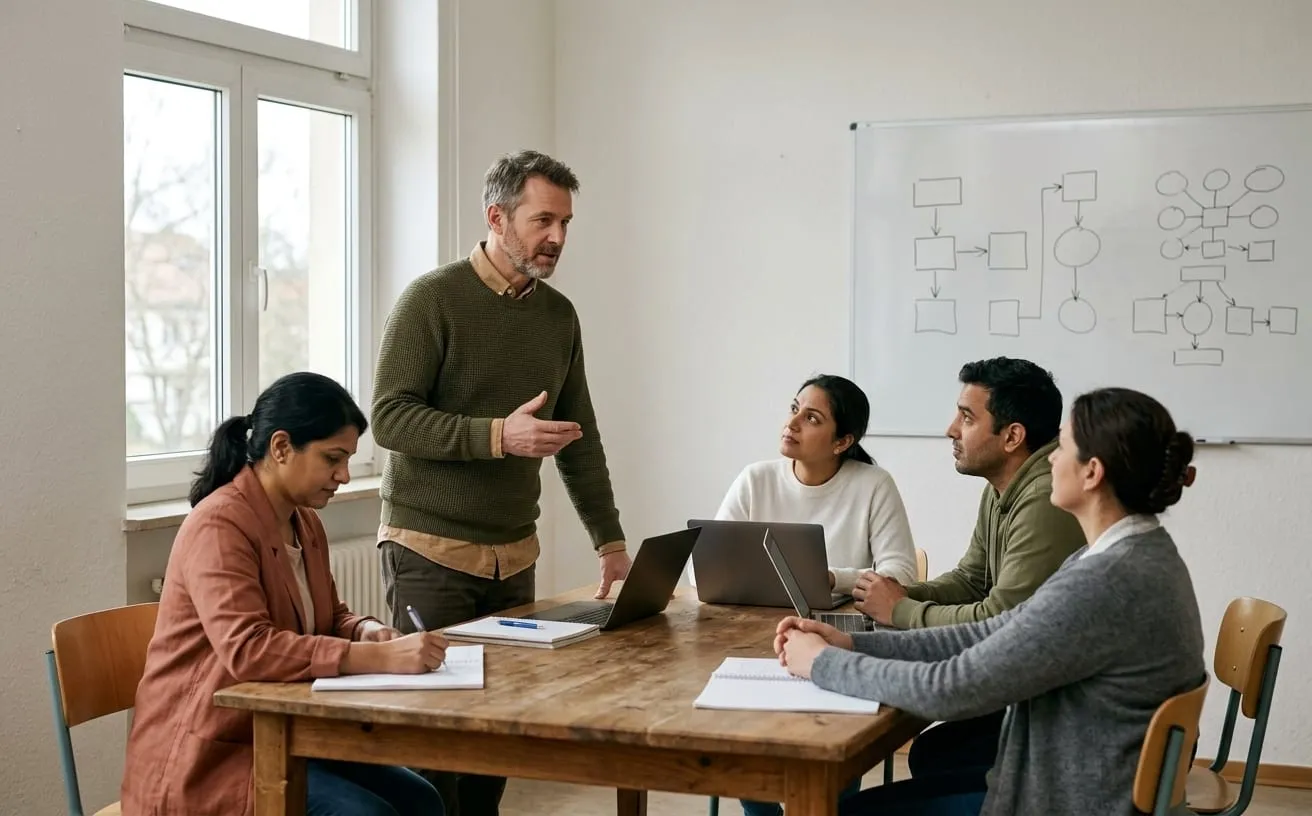 Arbeitsgruppe an einem Tisch mit Laptops, Lehrtätigkeit